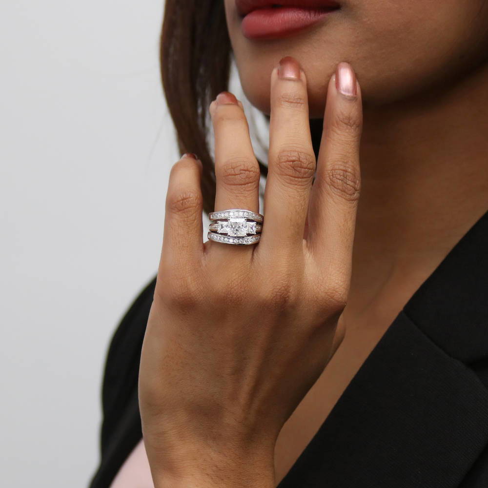 Model wearing 3-Stone Princess CZ Ring Set in Sterling Silver