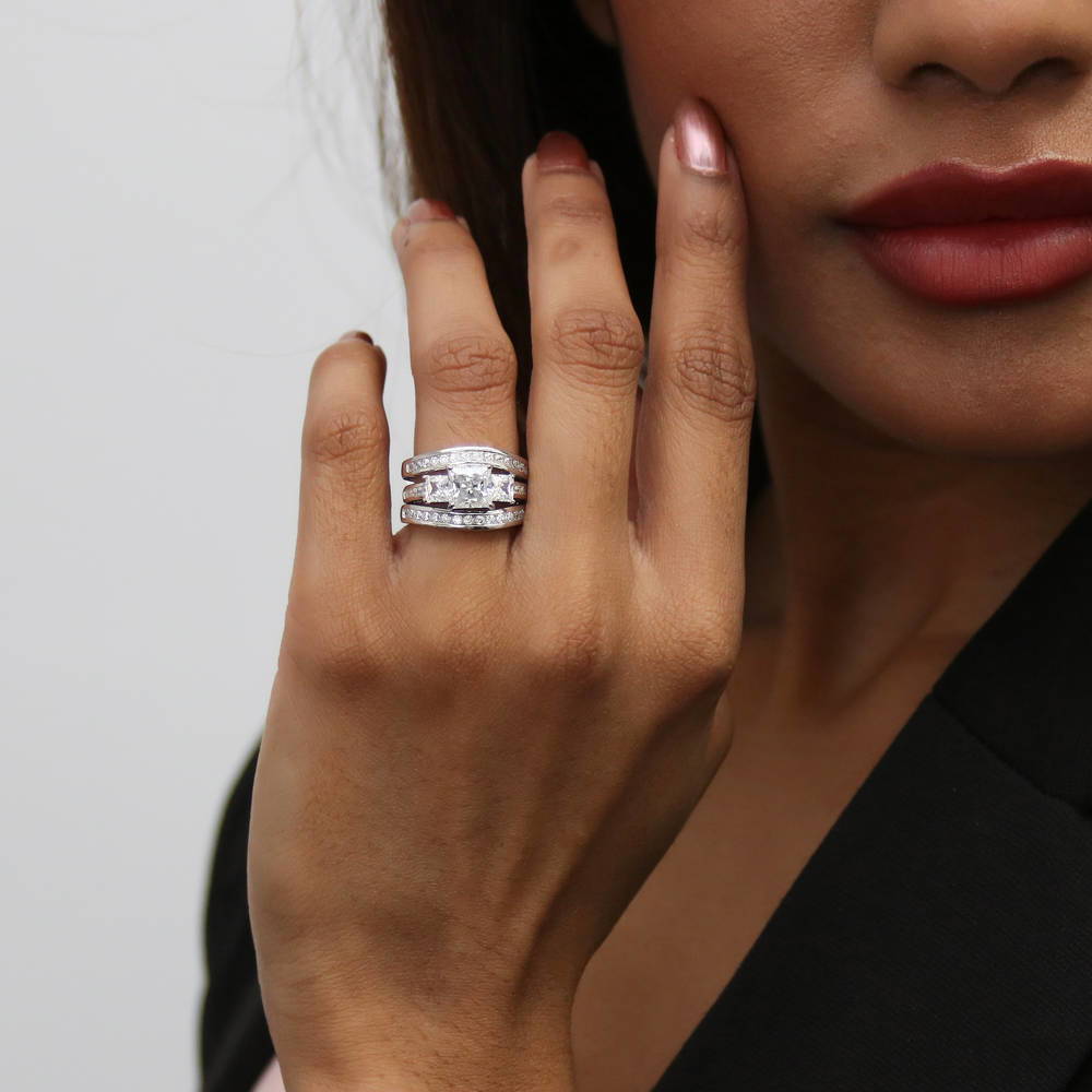 Model wearing 3-Stone Princess CZ Ring Set in Sterling Silver, 9 of 18