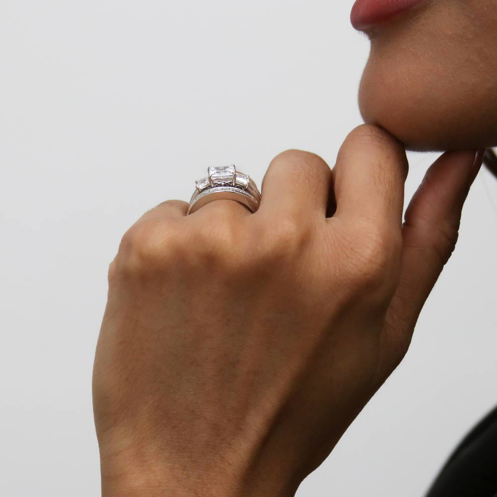 Model wearing 3-Stone Princess CZ Ring Set in Sterling Silver, 5 of 18