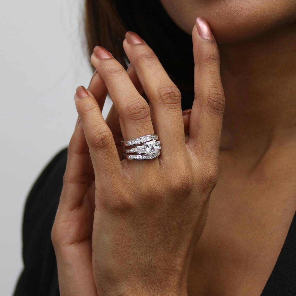 Model wearing 3-Stone Princess CZ Ring Set in Sterling Silver, 2 of 18