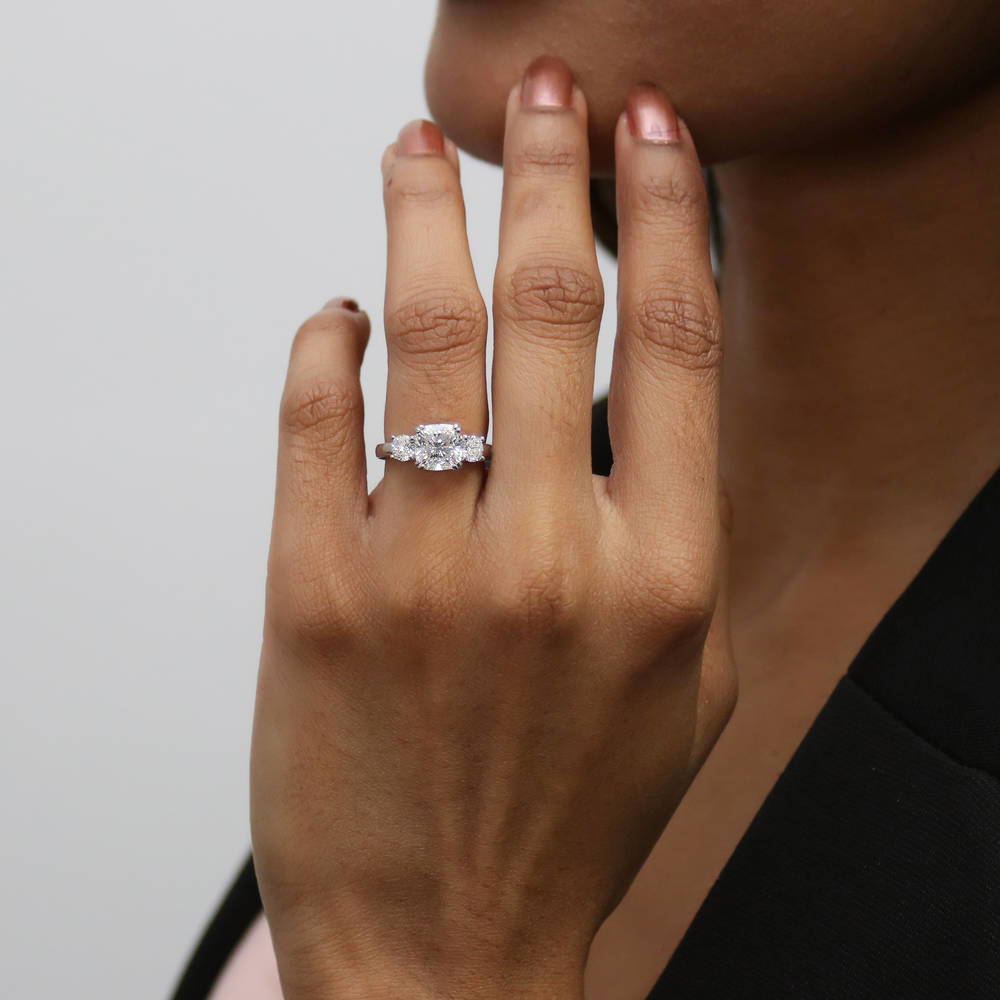 3-Stone 2ct Cushion CZ Ring in Sterling Silver