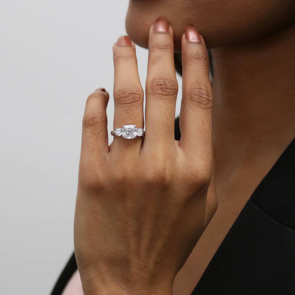 Model wearing 3-Stone Wishbone Cushion CZ Ring Set in Sterling Silver, 14 of 18