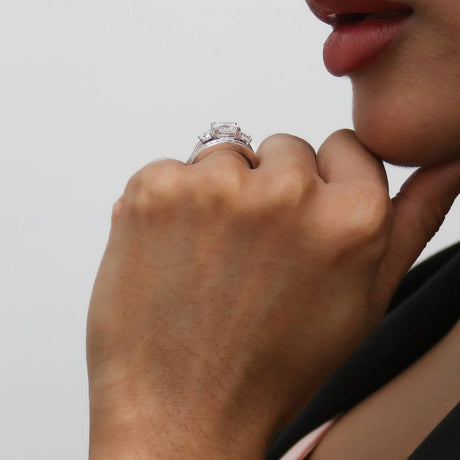 Model Wearing 3-Stone Ring, Curved Half Eternity Ring