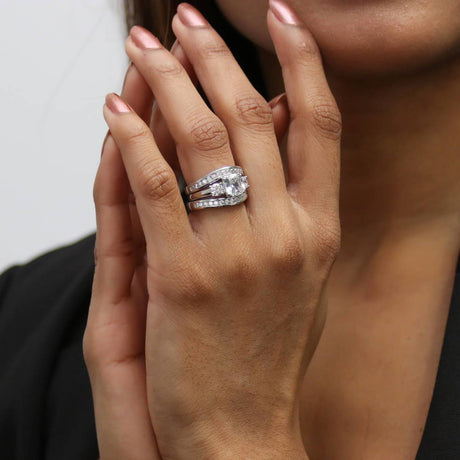 Image Contain: Model Wearing 3-Stone Ring, Curved Half Eternity Ring