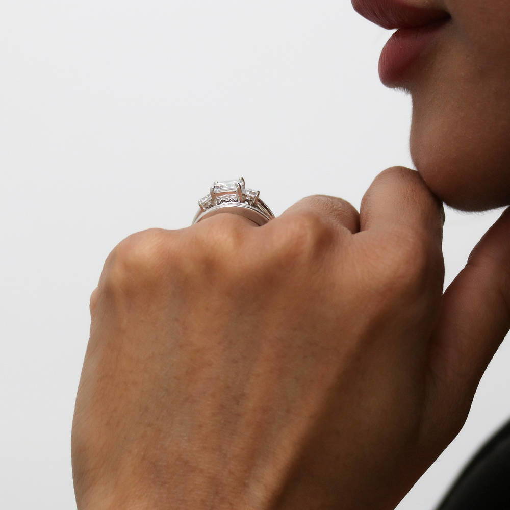 3-Stone Emerald Cut CZ Ring Set in Sterling Silver