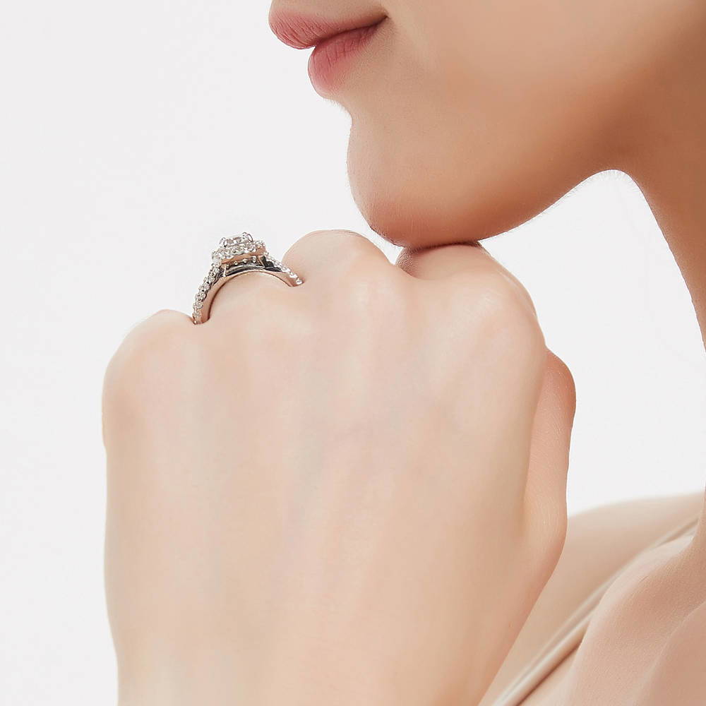 Model wearing Halo Round CZ Insert Ring Set in Sterling Silver