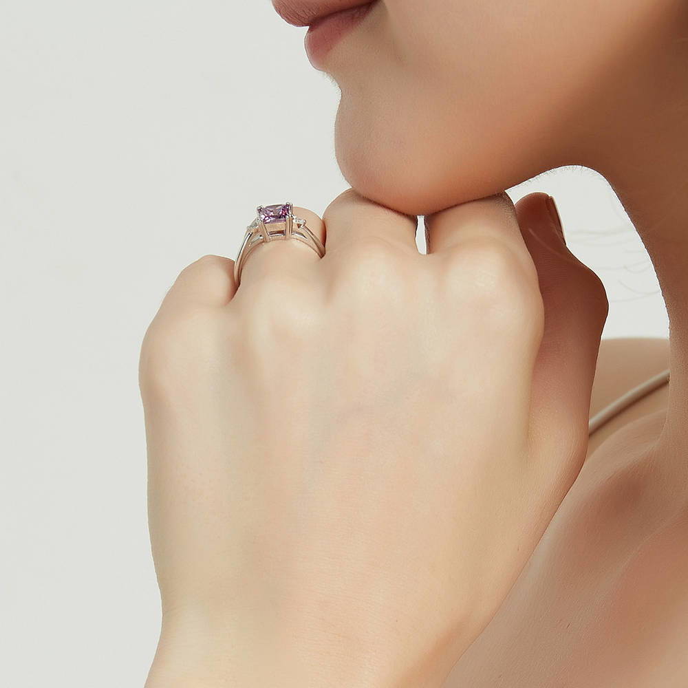 Model wearing 3-Stone Purple Princess CZ Ring in Sterling Silver, 7 of 9
