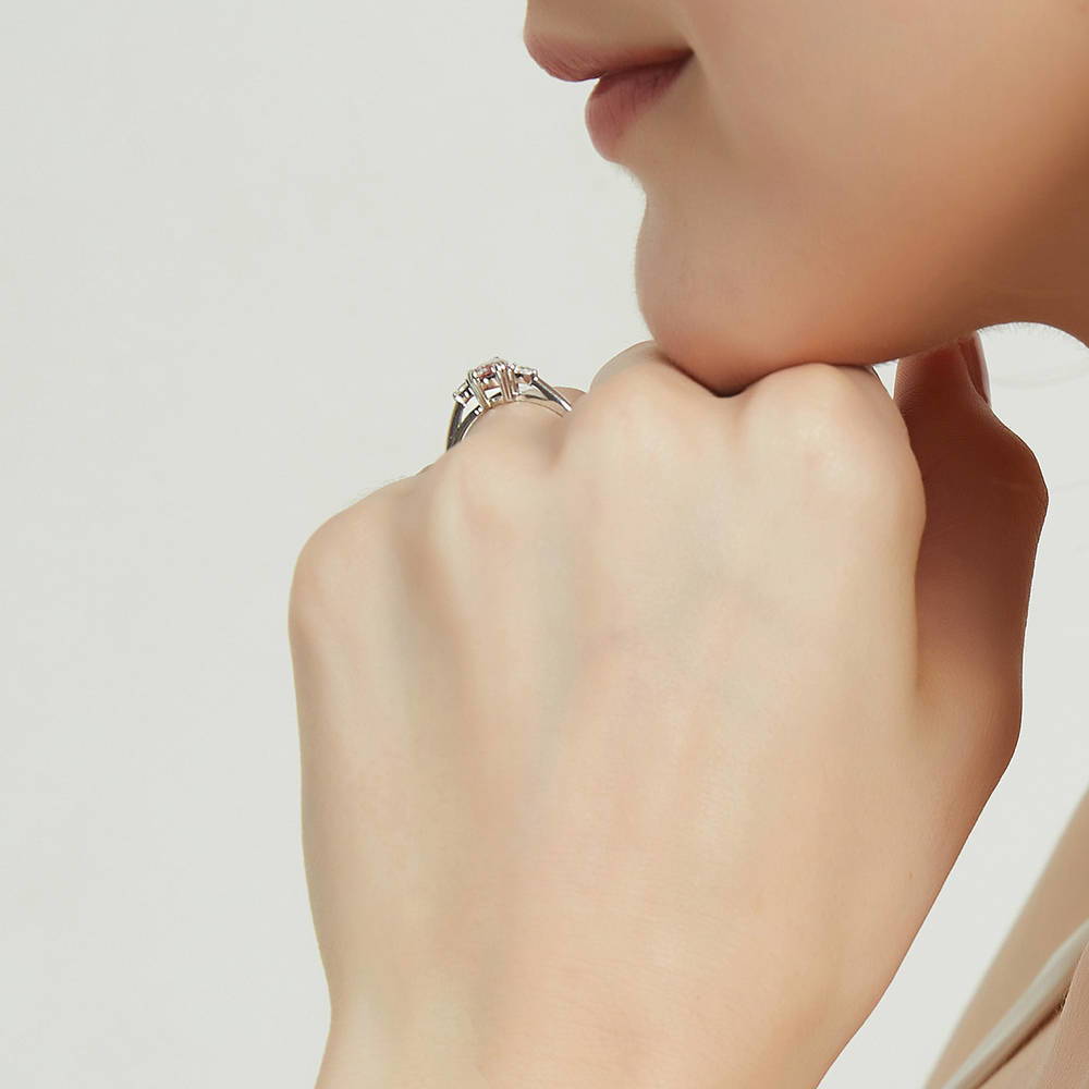 3-Stone Morganite Color Pear CZ Ring in Sterling Silver