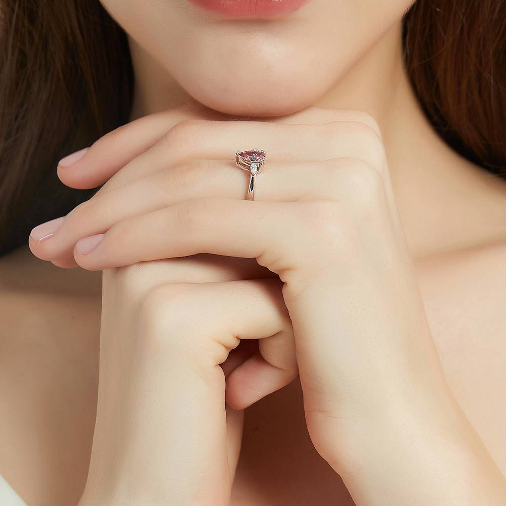 3-Stone Morganite Color Pear CZ Ring in Sterling Silver