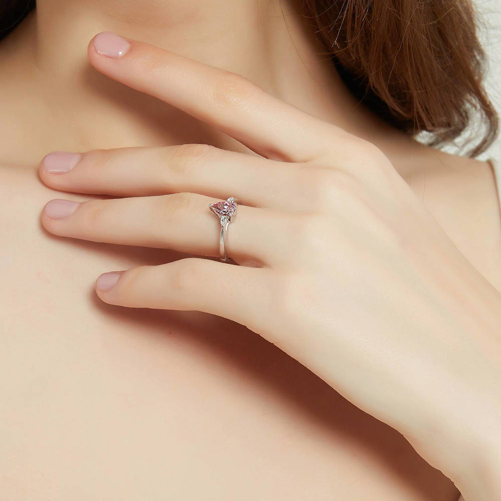 3-Stone Morganite Color Pear CZ Ring in Sterling Silver
