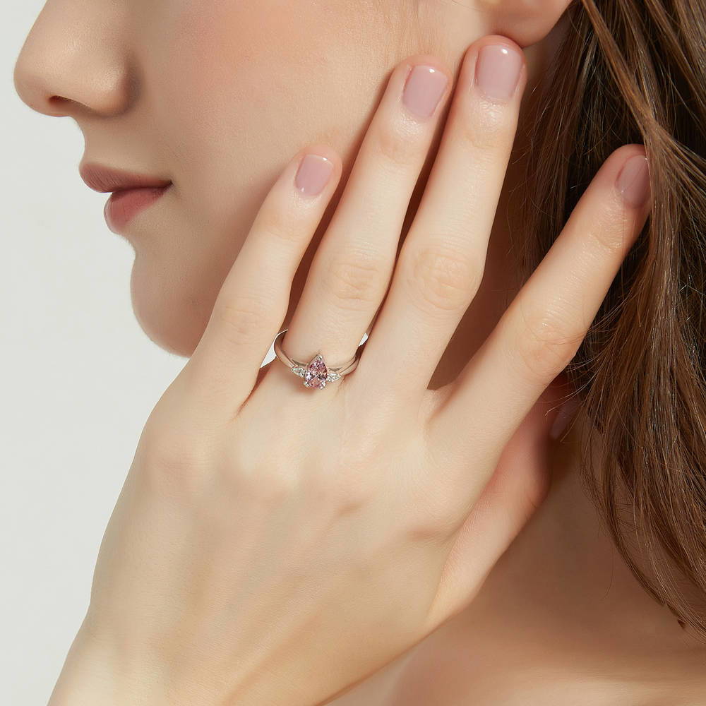 3-Stone Morganite Color Pear CZ Ring in Sterling Silver