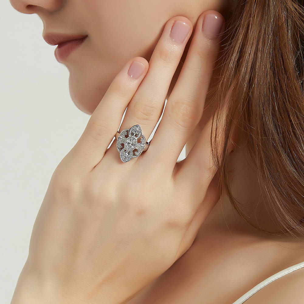 Model wearing Milgrain CZ Ring in Sterling Silver