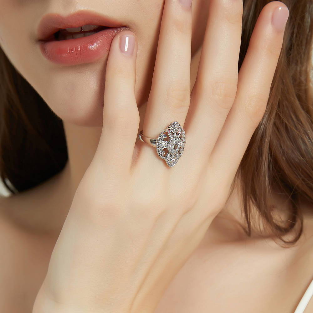 Model wearing Milgrain CZ Ring in Sterling Silver