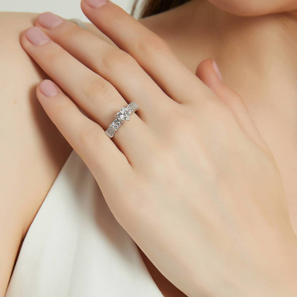 Model wearing Solitaire Heart 0.7ct CZ Ring in Sterling Silver