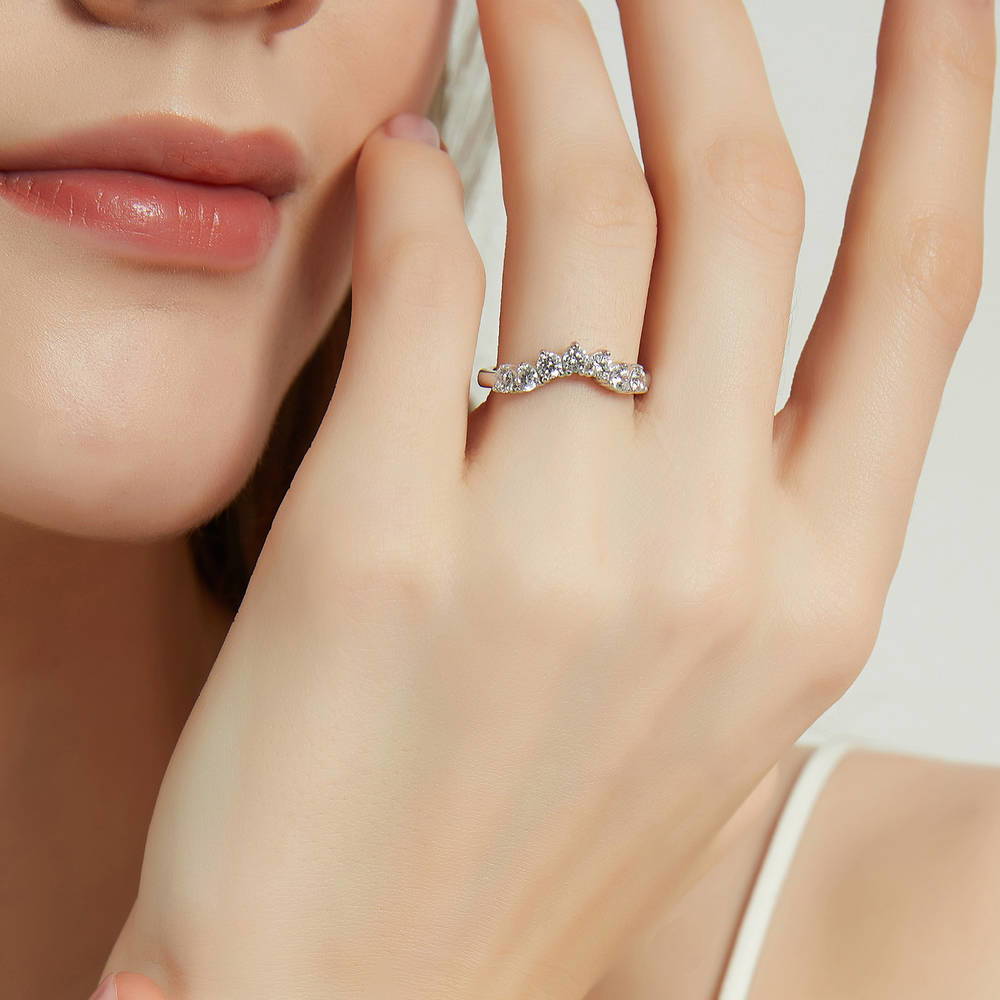 Model wearing 7-Stone Wishbone CZ Curved Half Eternity Ring in Sterling Silver