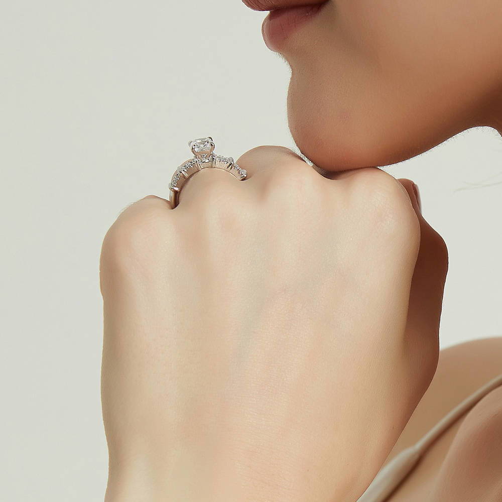 Model wearing Solitaire 1.25ct Cushion CZ Ring in Sterling Silver
