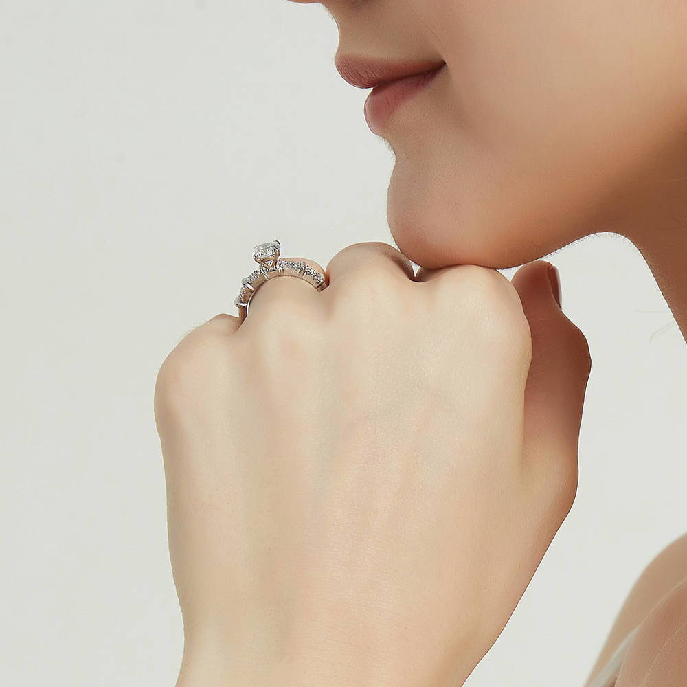 Model wearing Solitaire 1ct Round CZ Ring in Sterling Silver