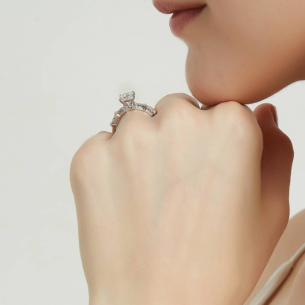Model wearing Solitaire 1.2ct Princess CZ Ring in Sterling Silver, 7 of 9
