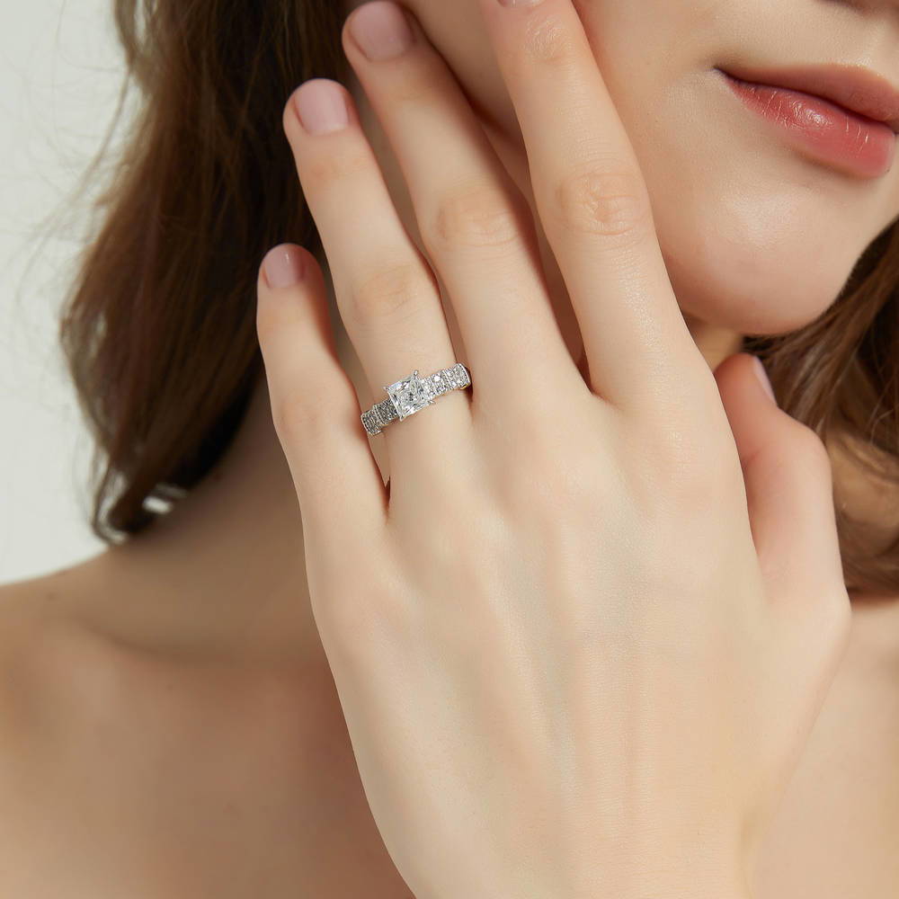 Model wearing Solitaire 1.2ct Princess CZ Ring in Sterling Silver, 2 of 9