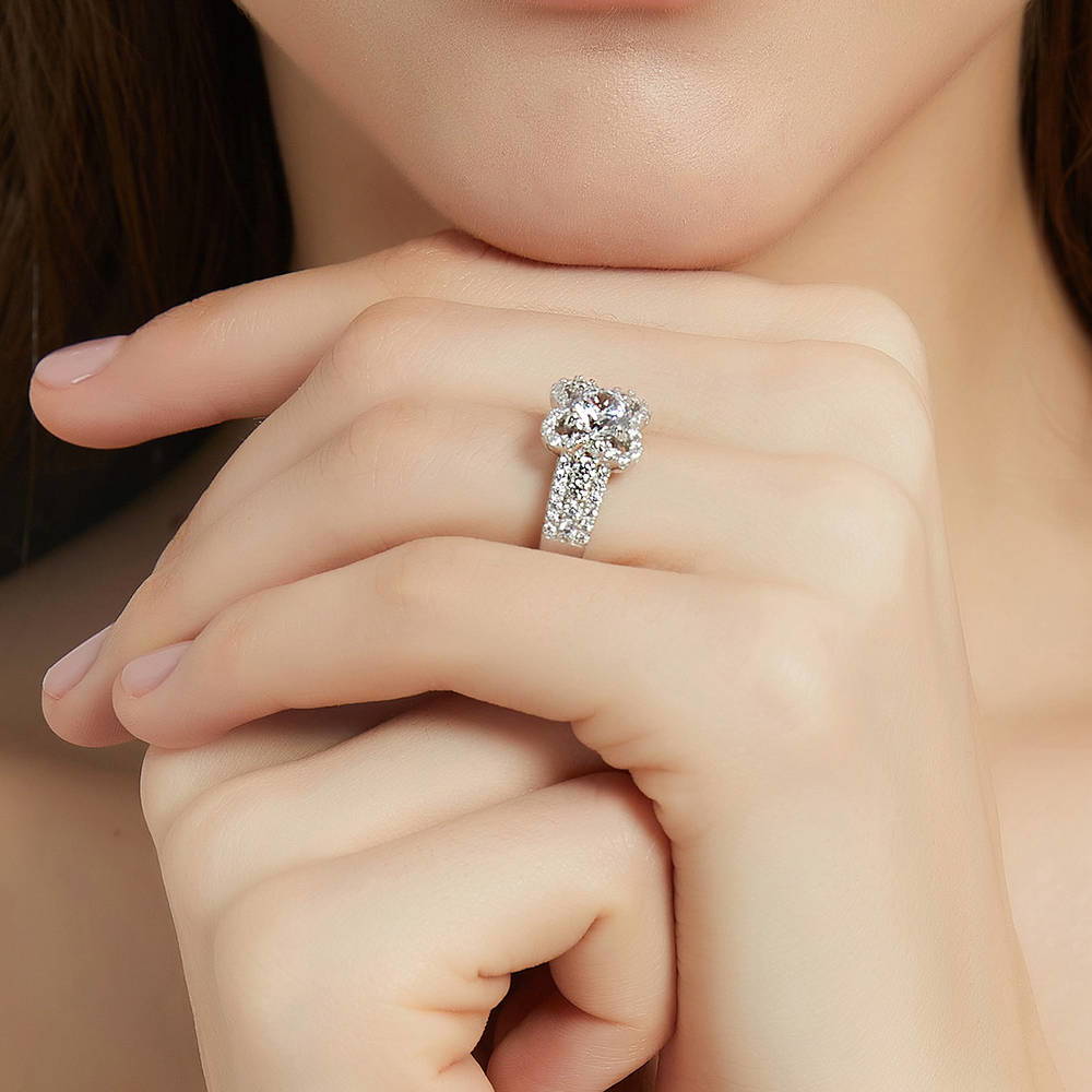 Model wearing Flower CZ Ring in Sterling Silver