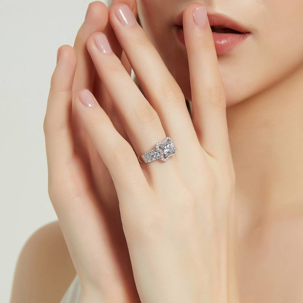 Model wearing Flower CZ Ring in Sterling Silver