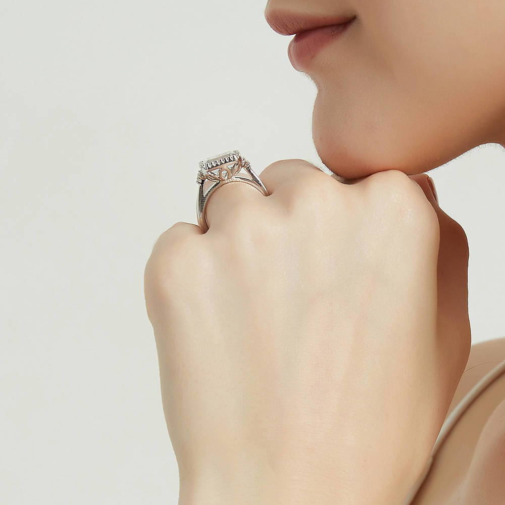 Model wearing Solitaire Emerald Cut CZ Ring in Sterling Silver 3.8ct, 7 of 9