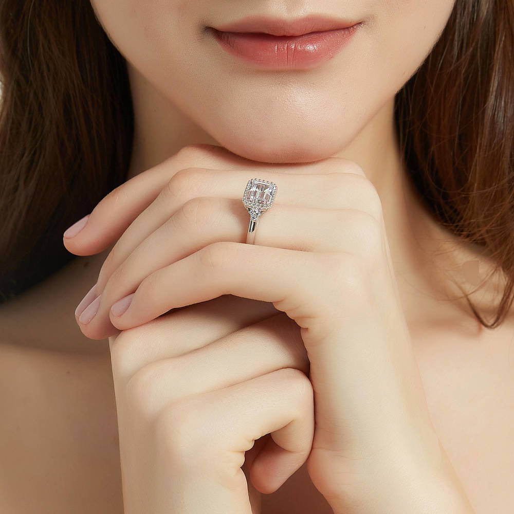 Model wearing Solitaire Emerald Cut CZ Ring in Sterling Silver 3.8ct, 6 of 9