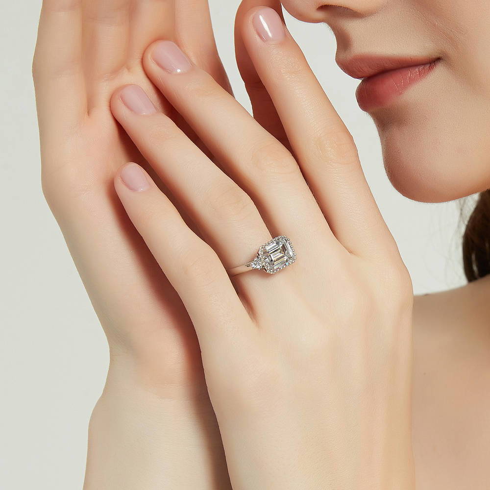 Model wearing Solitaire Emerald Cut CZ Ring in Sterling Silver 3.8ct, 3 of 9
