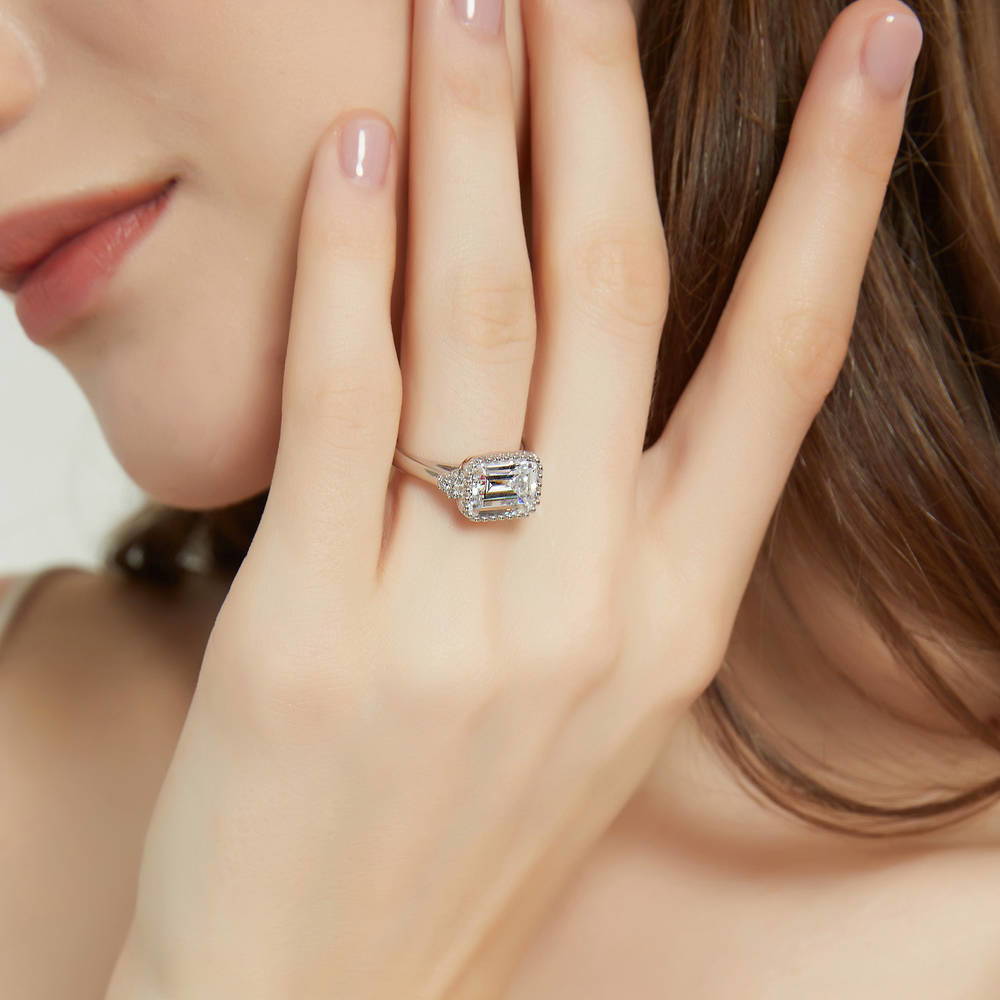 Model wearing Solitaire Emerald Cut CZ Ring in Sterling Silver 3.8ct, 2 of 9