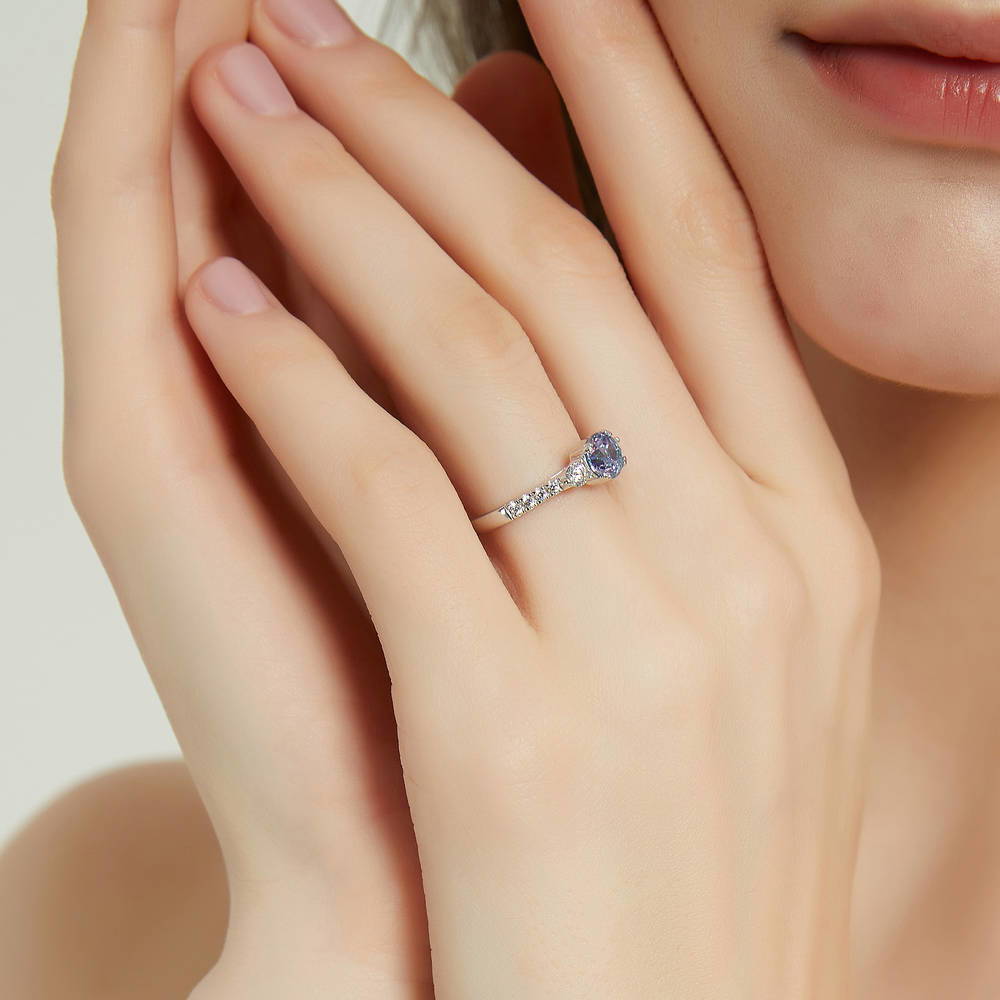 3-Stone Kaleidoscope Purple Aqua Round CZ Ring in Sterling Silver