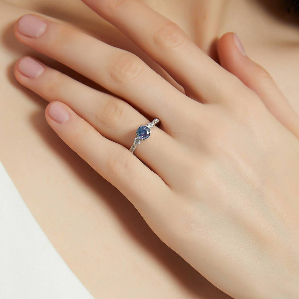 3-Stone Kaleidoscope Purple Aqua Round CZ Ring in Sterling Silver