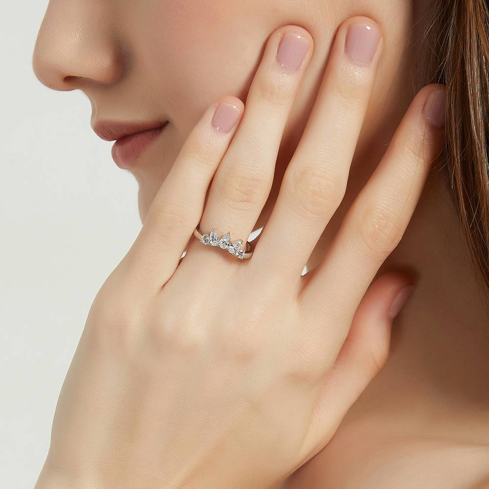 Model wearing 3-Stone Wishbone Cushion CZ Ring Set in Sterling Silver, 16 of 18