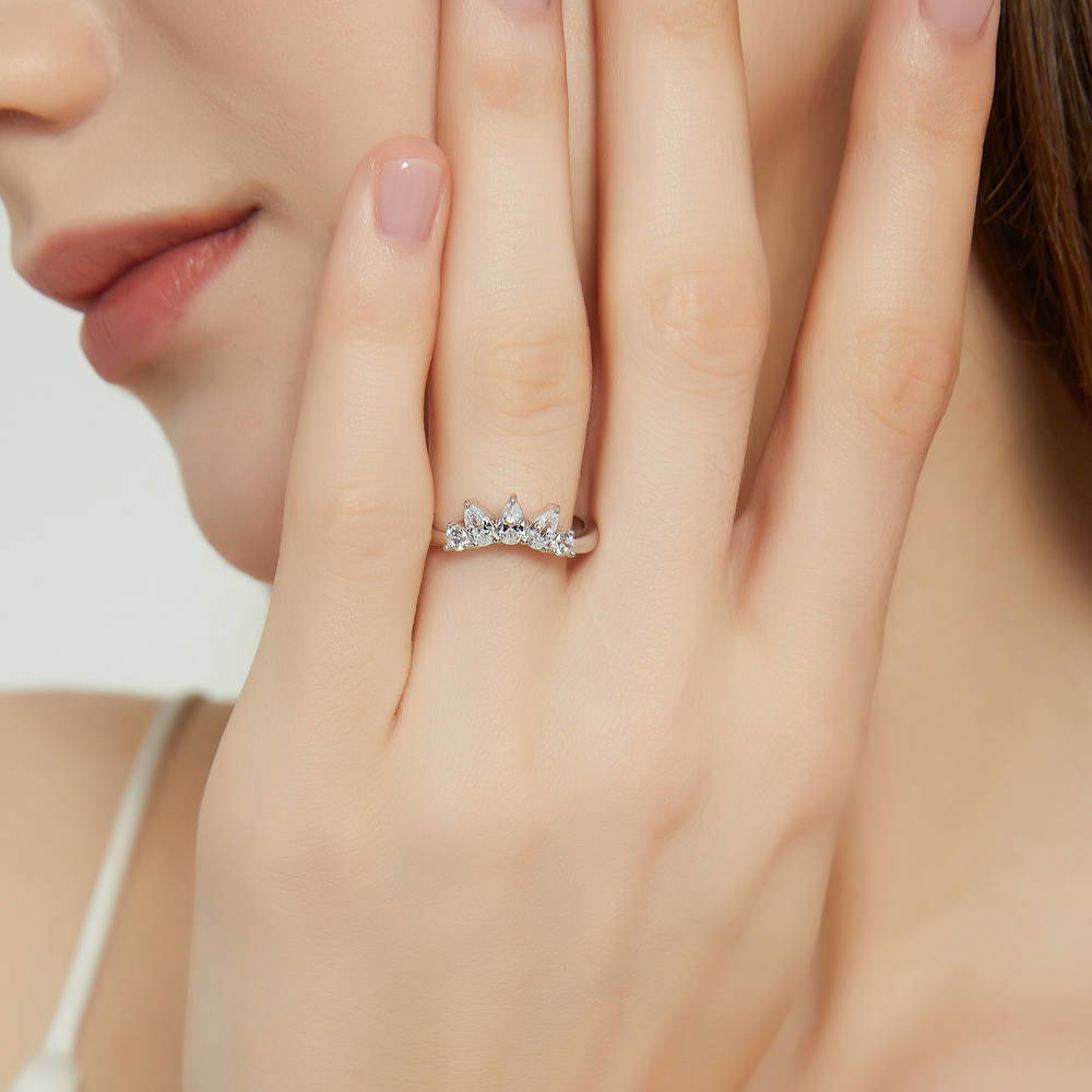 Model wearing 3-Stone Wishbone Cushion CZ Ring Set in Sterling Silver, 15 of 18