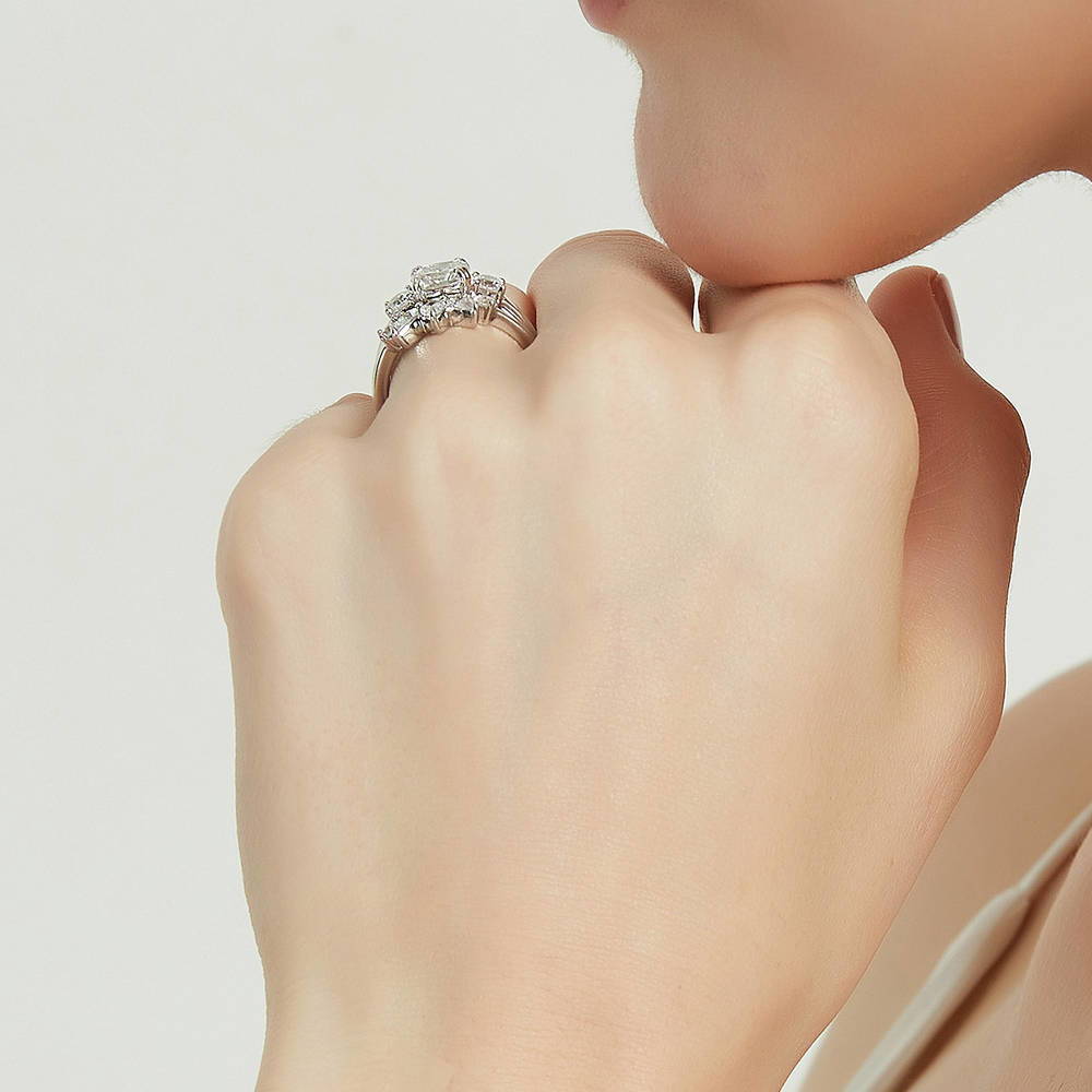 Model wearing 3-Stone Wishbone Cushion CZ Ring Set in Sterling Silver