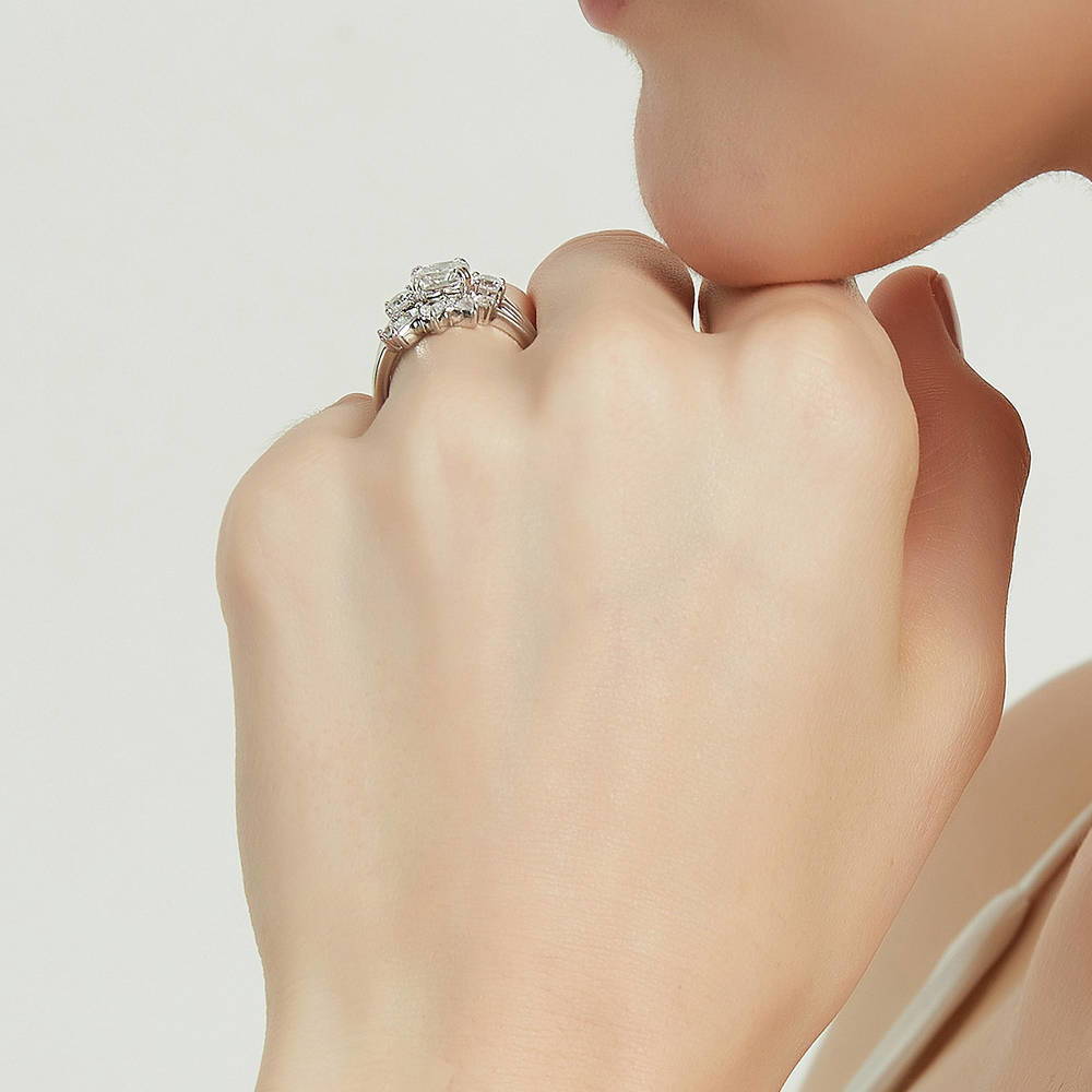 Model wearing 3-Stone Wishbone Cushion CZ Ring Set in Sterling Silver, 8 of 18