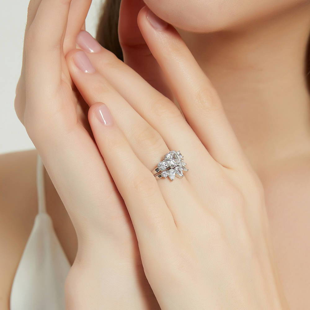 Model wearing 3-Stone Wishbone Cushion CZ Ring Set in Sterling Silver