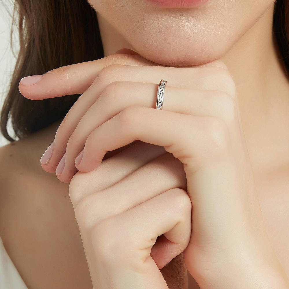 Model wearing 3-Stone Cushion CZ Ring Set in Sterling Silver, 16 of 18