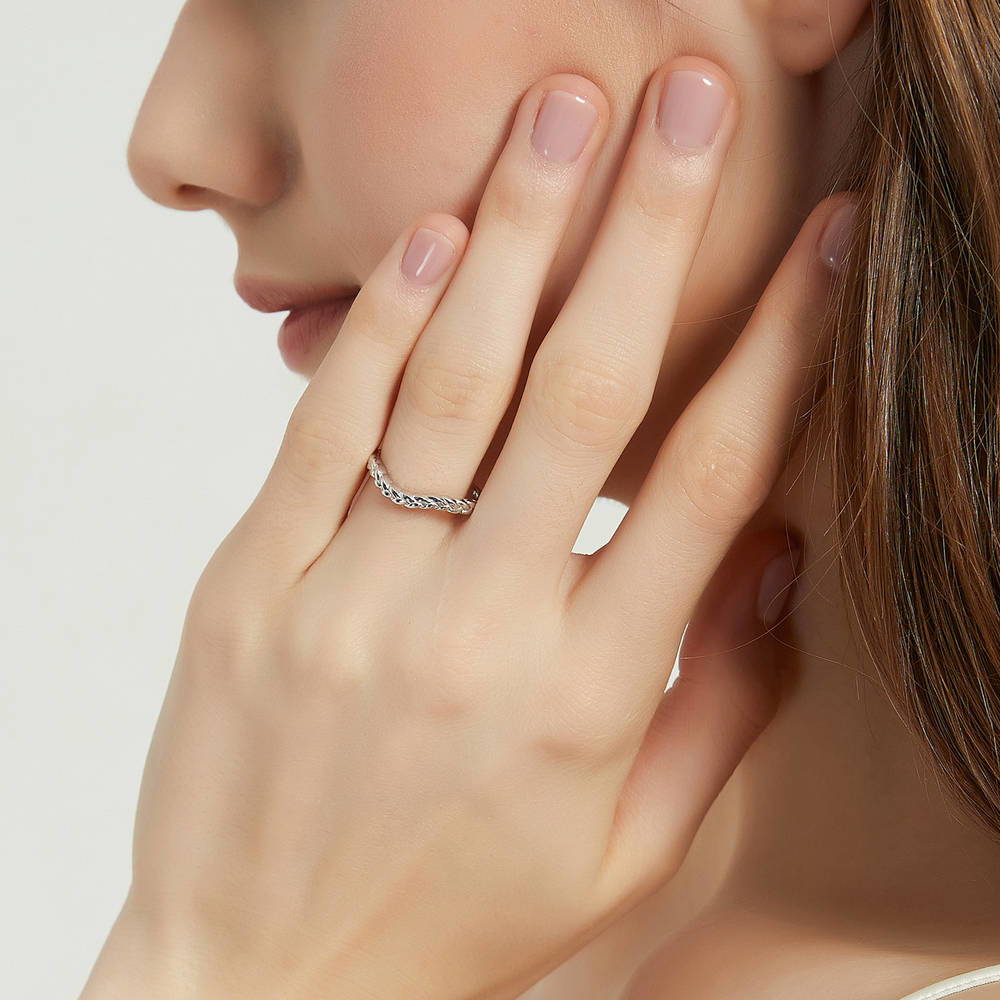 Model wearing Solitaire Woven 1.2ct Princess CZ Ring Set in Sterling Silver, 9 of 13
