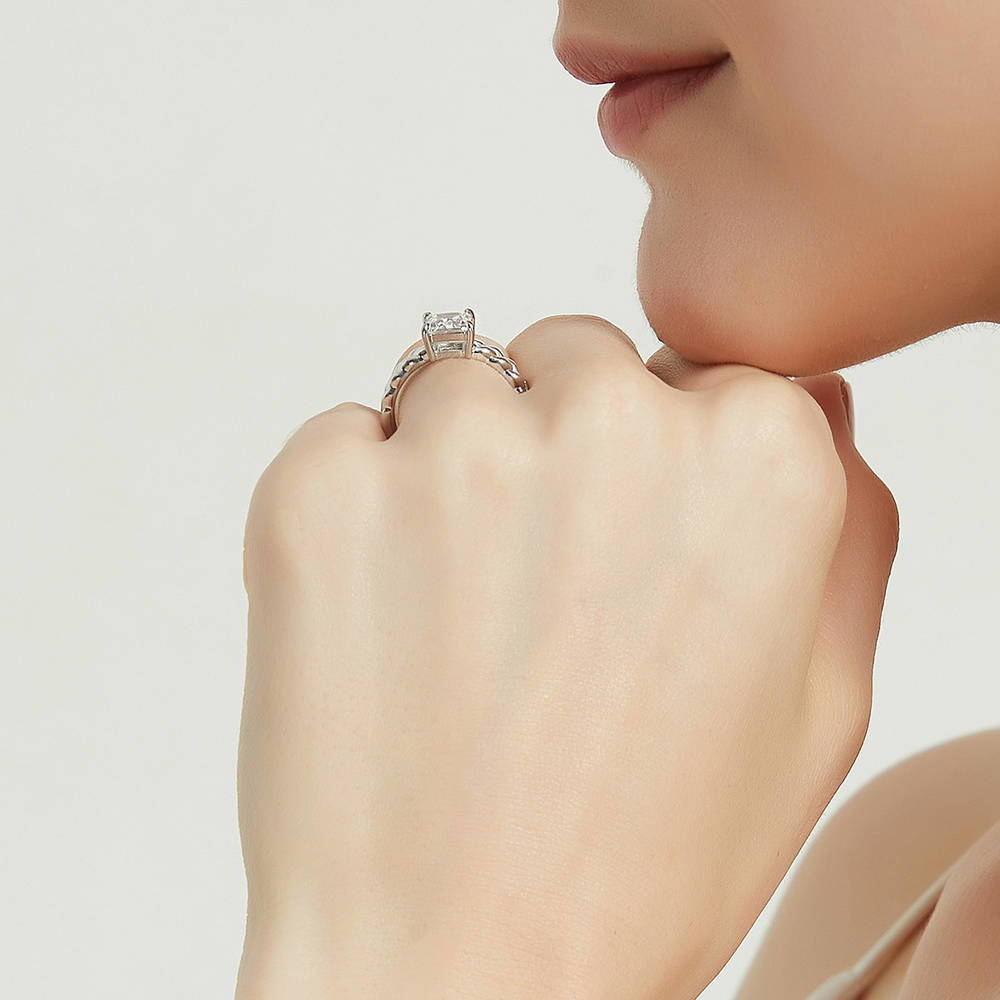 Model wearing Woven Solitaire CZ Ring in Sterling Silver