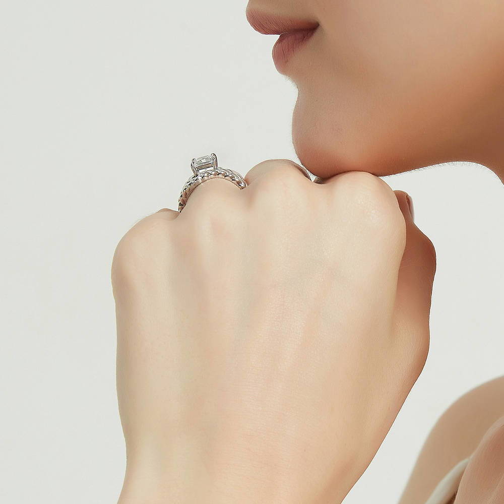 Model wearing Solitaire Woven 1.2ct Princess CZ Ring Set in Sterling Silver, 7 of 17