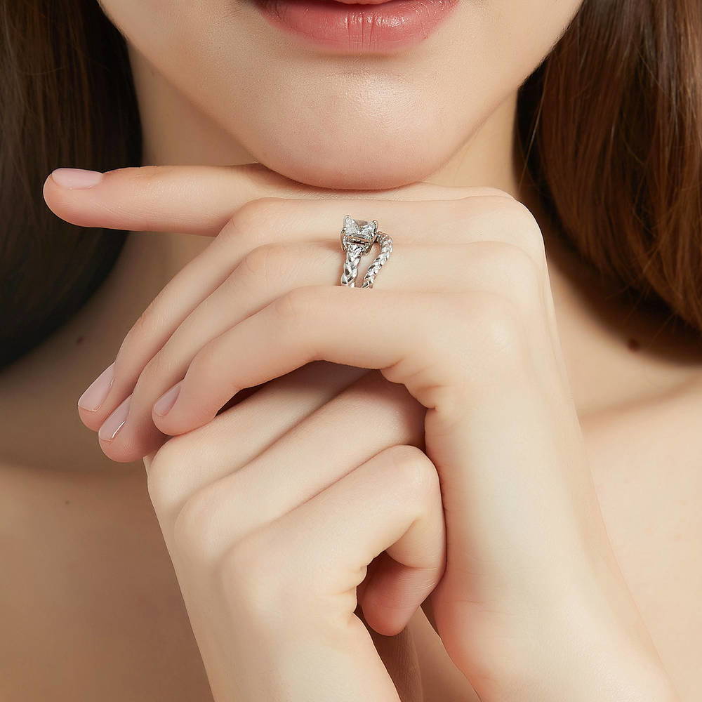 Model wearing Solitaire Woven 1.2ct Princess CZ Ring Set in Sterling Silver