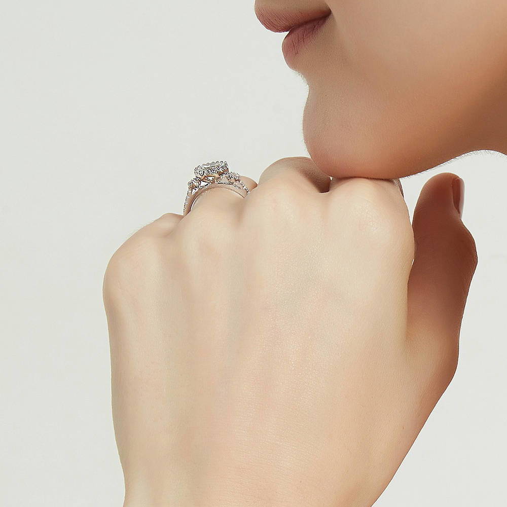 Model wearing 3-Stone Oval CZ Ring in Sterling Silver