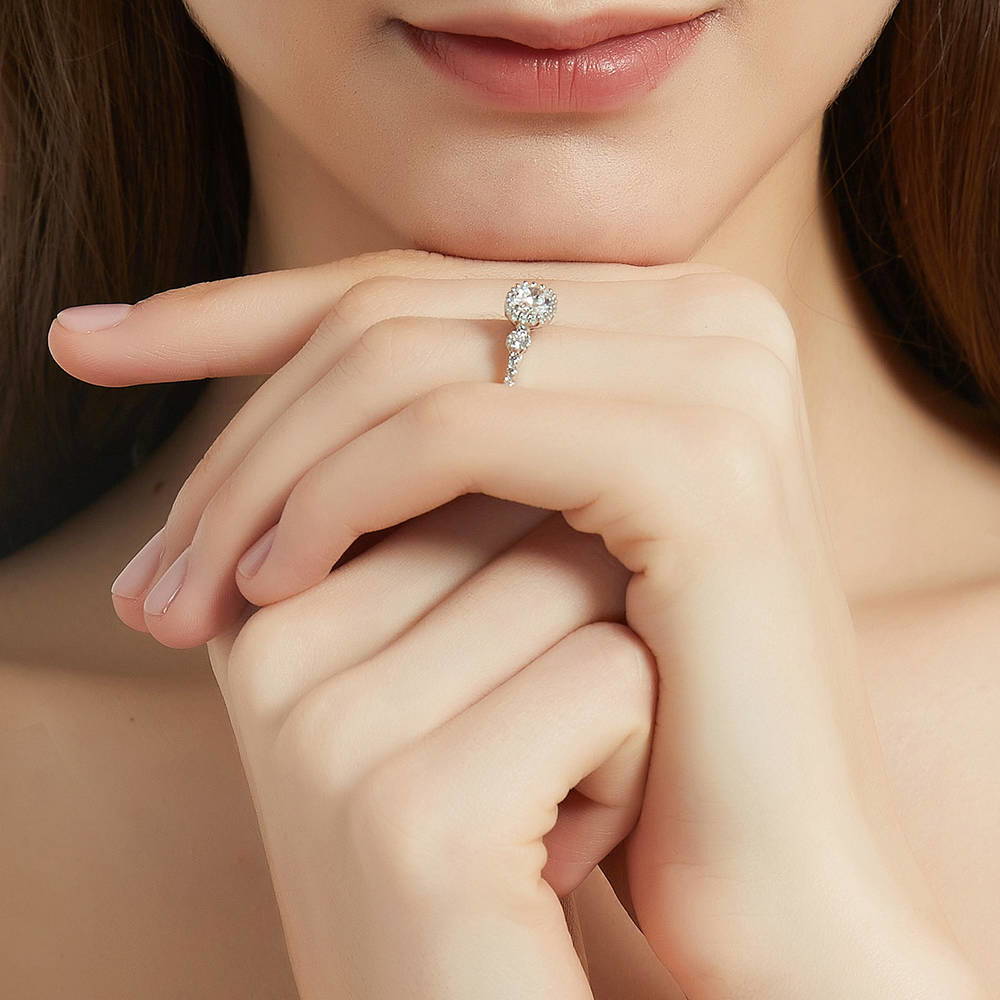 Model wearing 3-Stone Oval CZ Ring Set in Sterling Silver, 11 of 17
