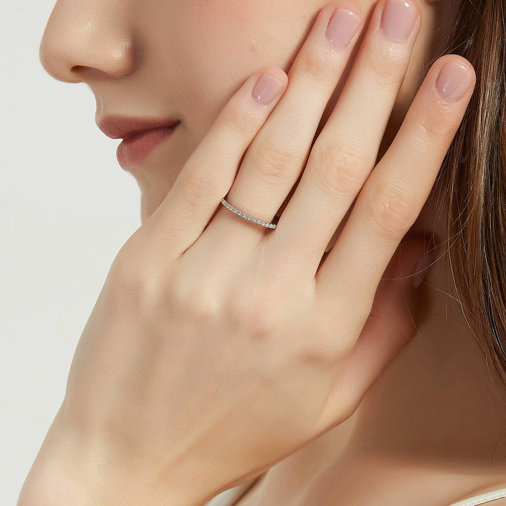 Model wearing 3-Stone Oval CZ Ring Set in Sterling Silver, 13 of 17
