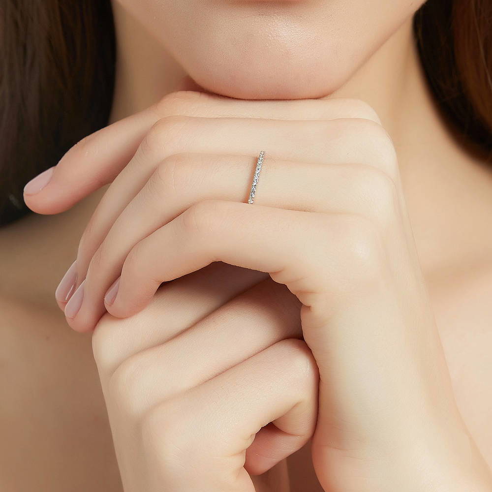 Model wearing 3-Stone Oval CZ Ring Set in Sterling Silver, 15 of 17