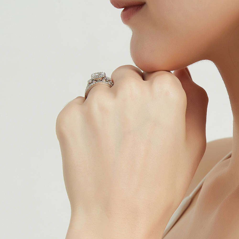 Model wearing 3-Stone Oval CZ Ring Set in Sterling Silver