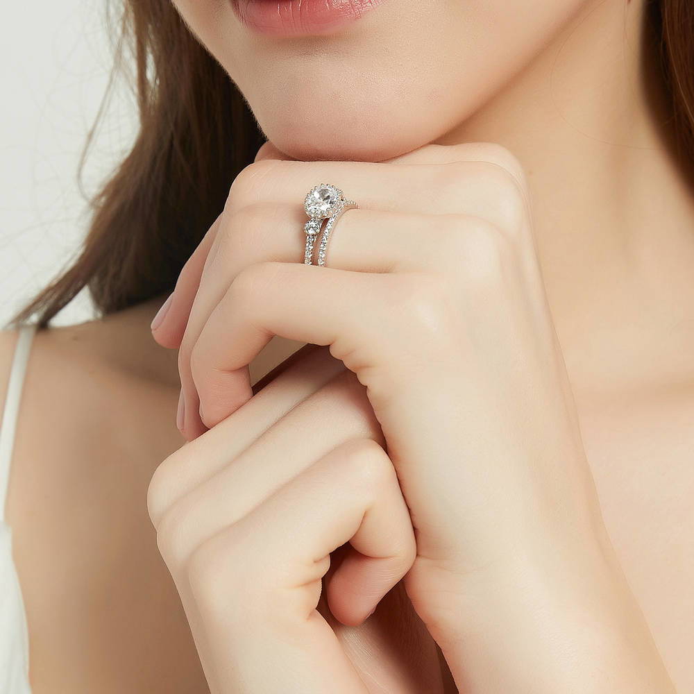 Model wearing 3-Stone Oval CZ Ring Set in Sterling Silver