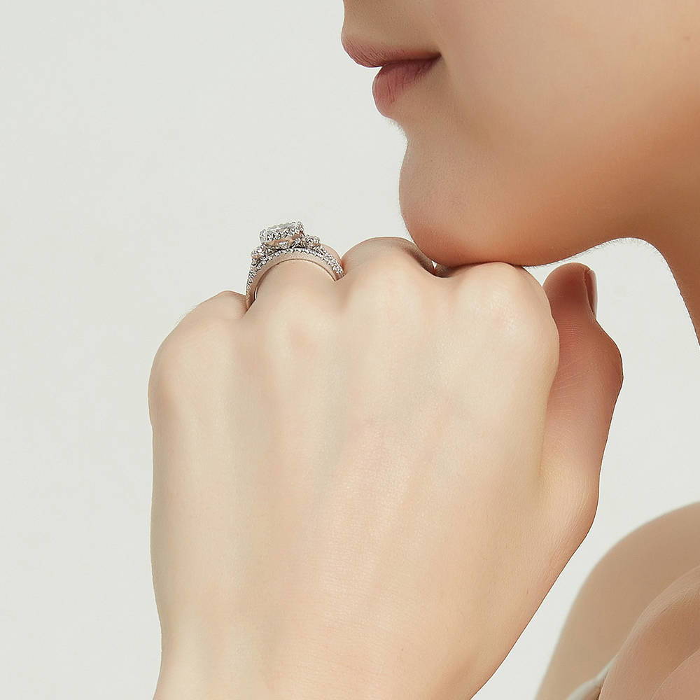 Model wearing 3-Stone Oval CZ Ring Set in Sterling Silver