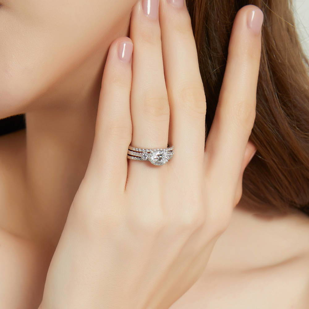 Model wearing 3-Stone Oval CZ Ring Set in Sterling Silver, 3 of 17