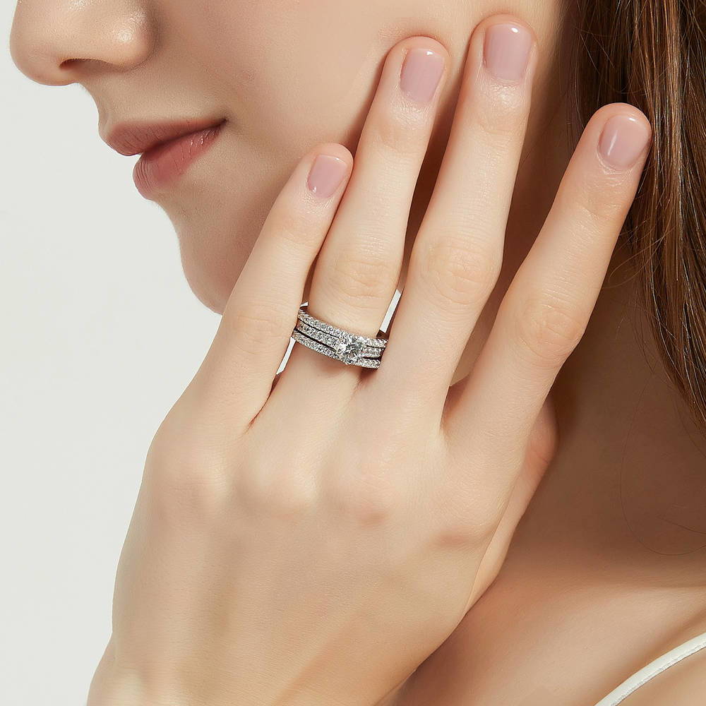 Model wearing Solitaire 0.8ct Round CZ Ring Set in Sterling Silver